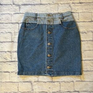 Vintage ENUF Button Front Jean Skirt Two-Tone Blue Denim 100% Cotton Size 7/8